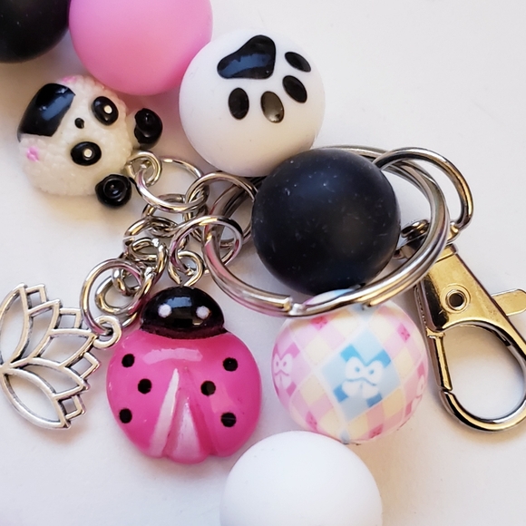Handmade Pink White Silicone Focal Beaded Kawaii Panda Wristlet Keychain 🐼 - Picture 3 of 5